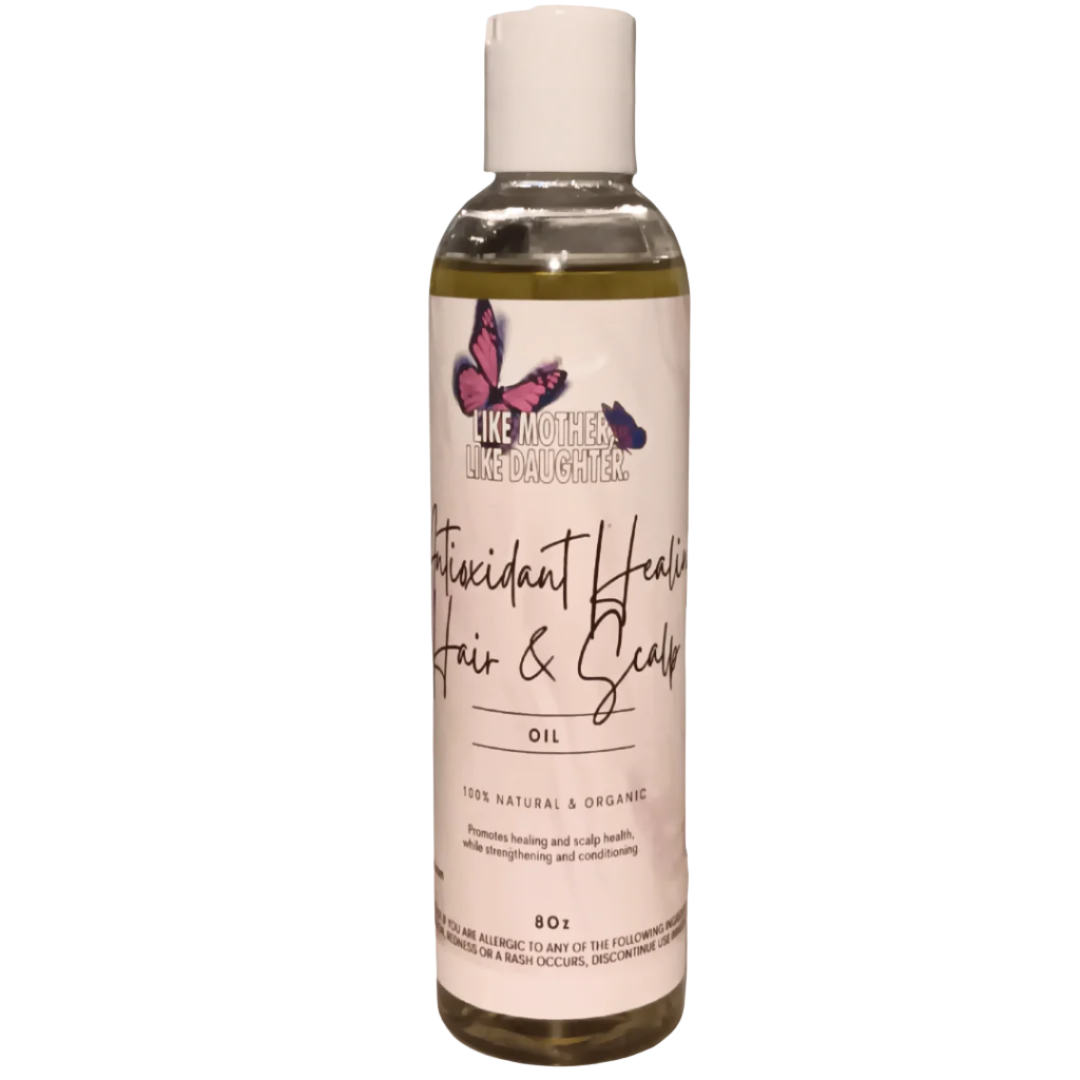  Antioxidant Healing Hair & Scalp Oil A natural Scalp and Hair Oil infused with Antioxidants that Promotes Healing and scalp health while Strengthening, Softening, Conditioning, Reducing Dandruff and Adding Shine w/Jamaican Black Castor Oil, while Targeting other Common Scalp Conditions.